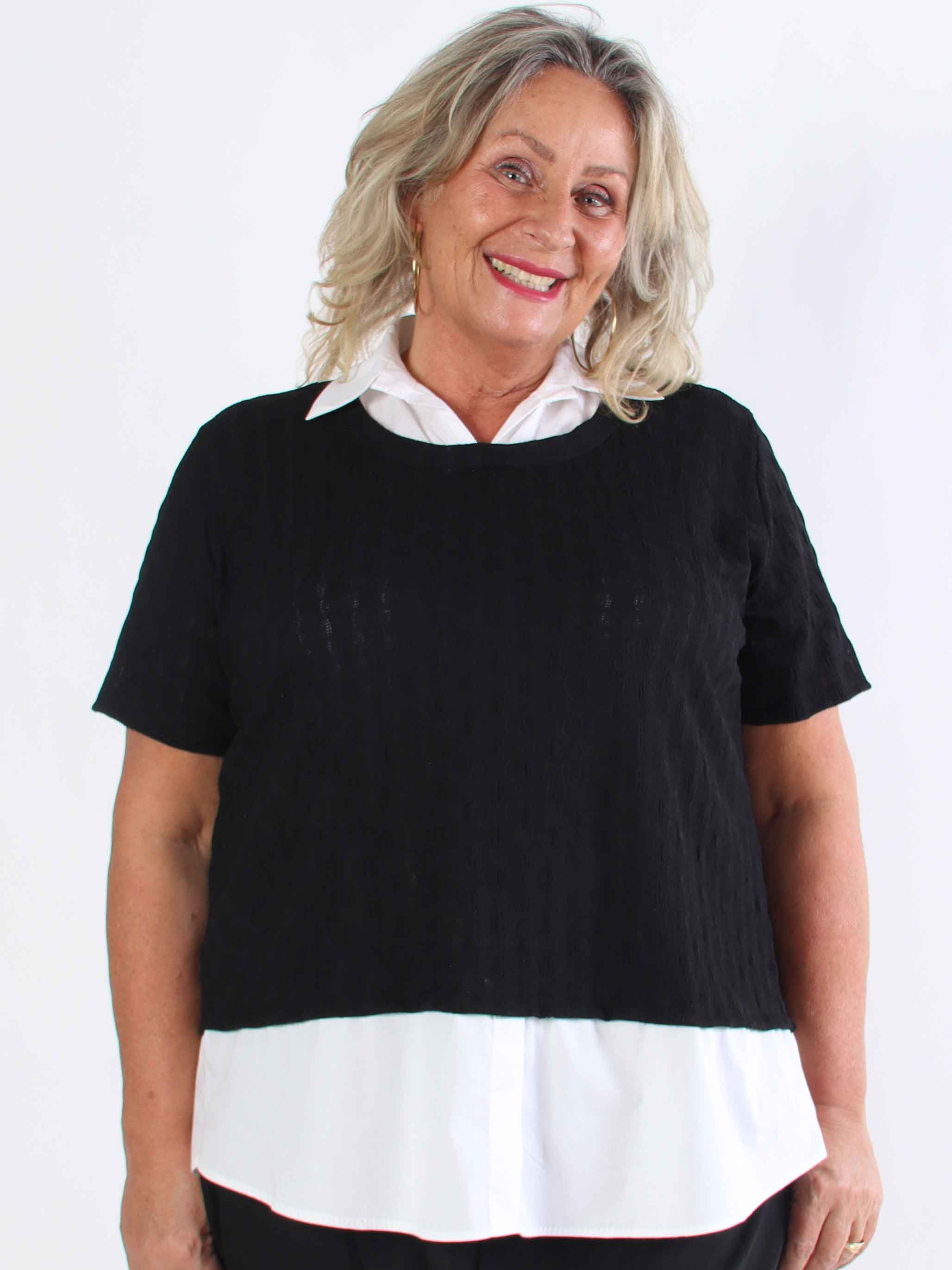 Shandel - Söt stretchig plus size-blus med skjortdetaljer